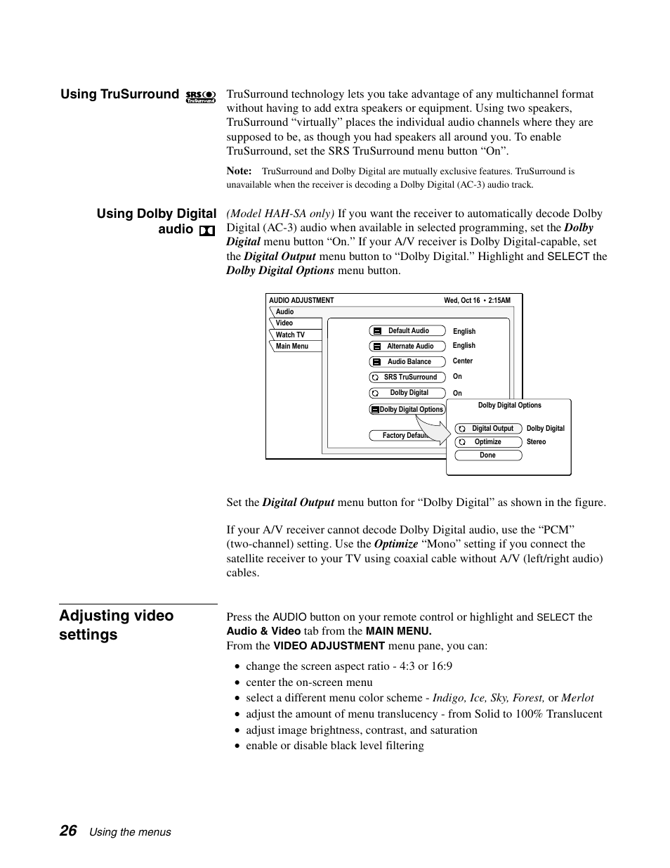 Adjusting video settings, Using trusurround, Using dolby digital audio | DirecTV SD-HBH User Manual | Page 34 / 56
