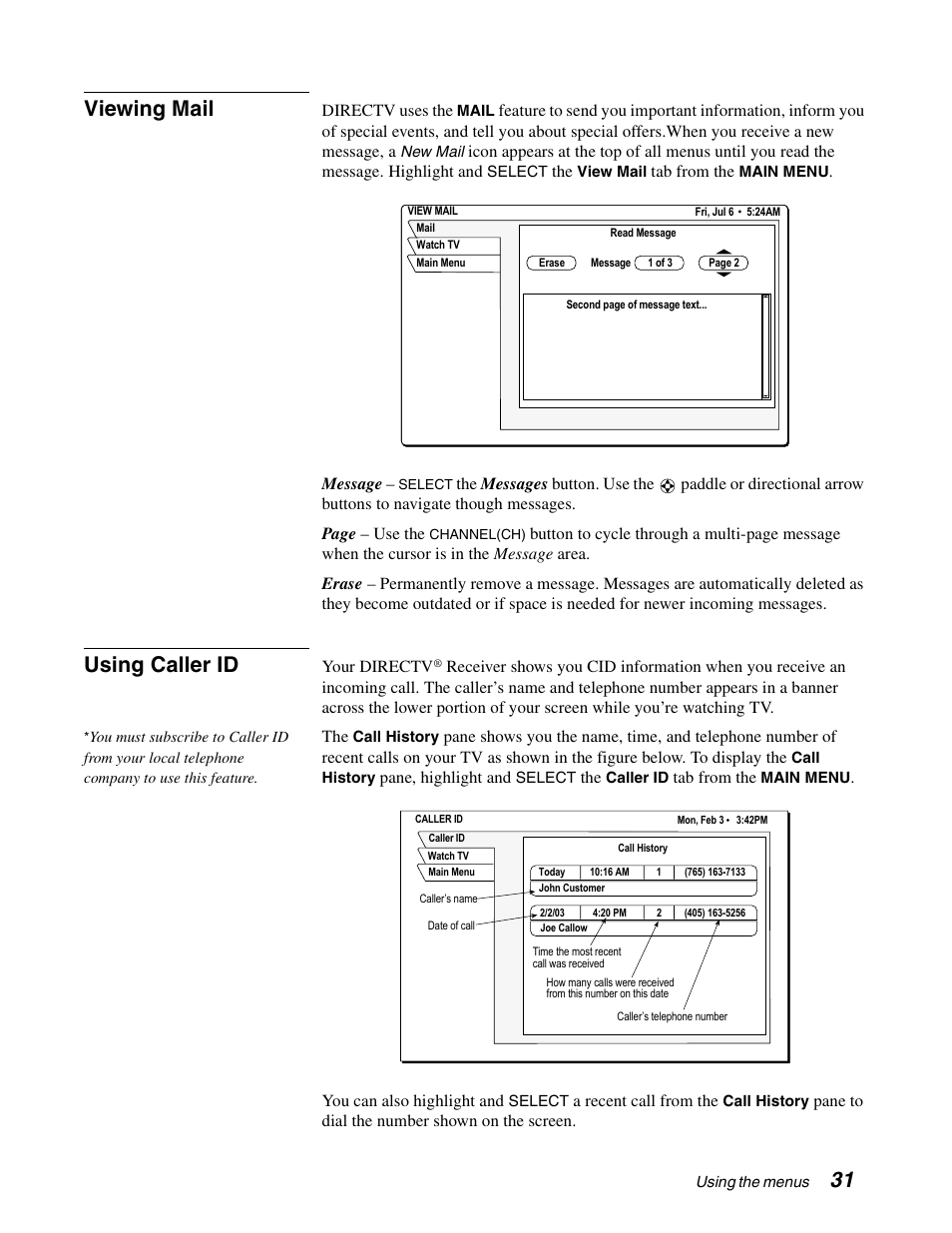 Viewing mail, Using caller id | DirecTV SD-HBH User Manual | Page 39 / 56