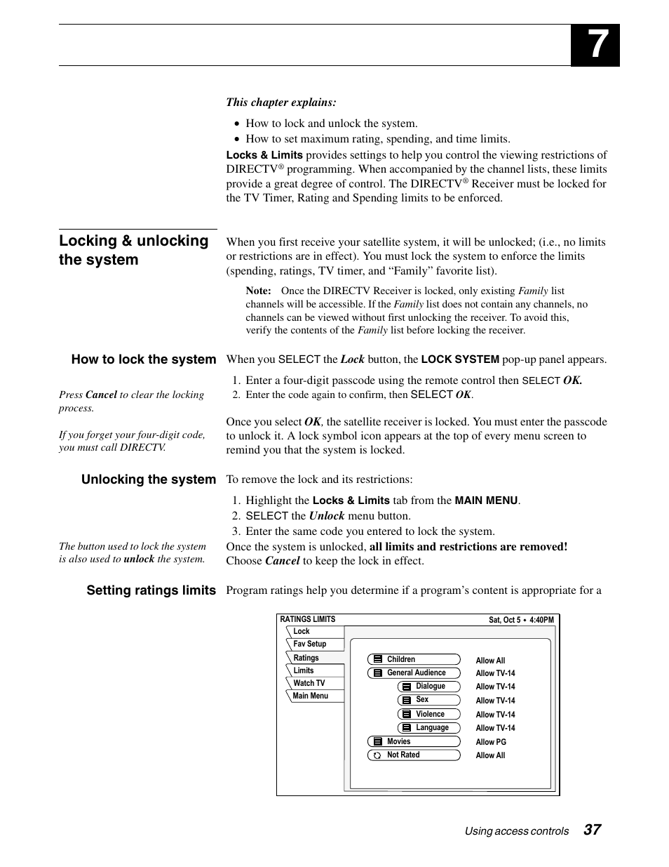 Using access controls, Locking & unlocking the system | DirecTV SD-HBH User Manual | Page 45 / 56