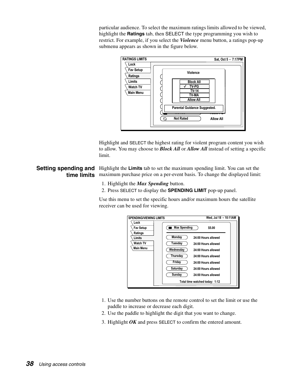 Setting spending and time limits, Tab, then, Highlight the | DirecTV SD-HBH User Manual | Page 46 / 56