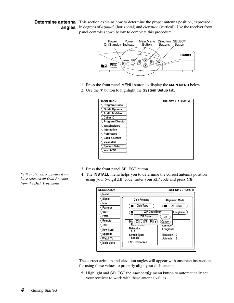 Determine antenna angles, Button to display the, Below. 2. use the button to highlight the | Tab. 3. press the front panel, Button | DirecTV HAH-SA User Manual | Page 12 / 56