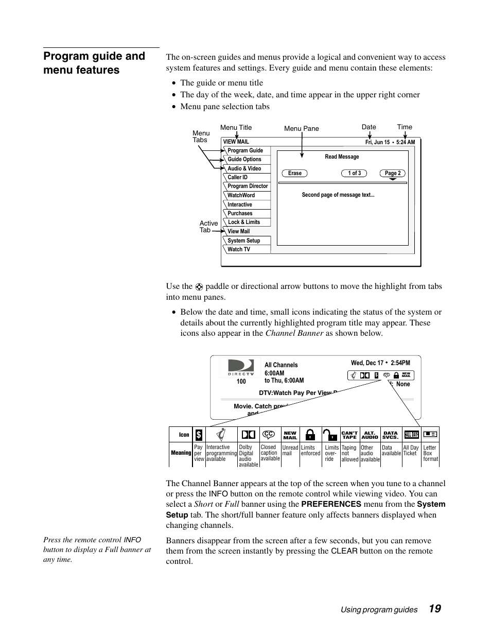 Program guide and menu features, Menu from the, Button on the remote control | DirecTV HAH-SA User Manual | Page 27 / 56