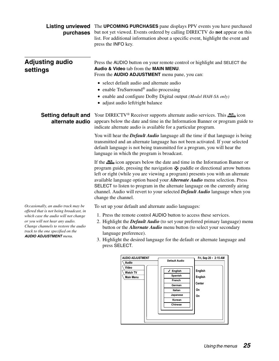 Adjusting audio settings, Listing unviewed purchases, Setting default and alternate audio | DirecTV HAH-SA User Manual | Page 33 / 56