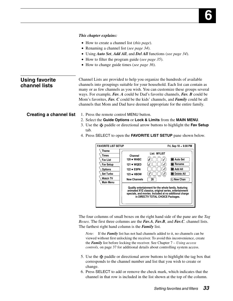 Setting favorites and filters, Using favorite channel lists | DirecTV HAH-SA User Manual | Page 41 / 56