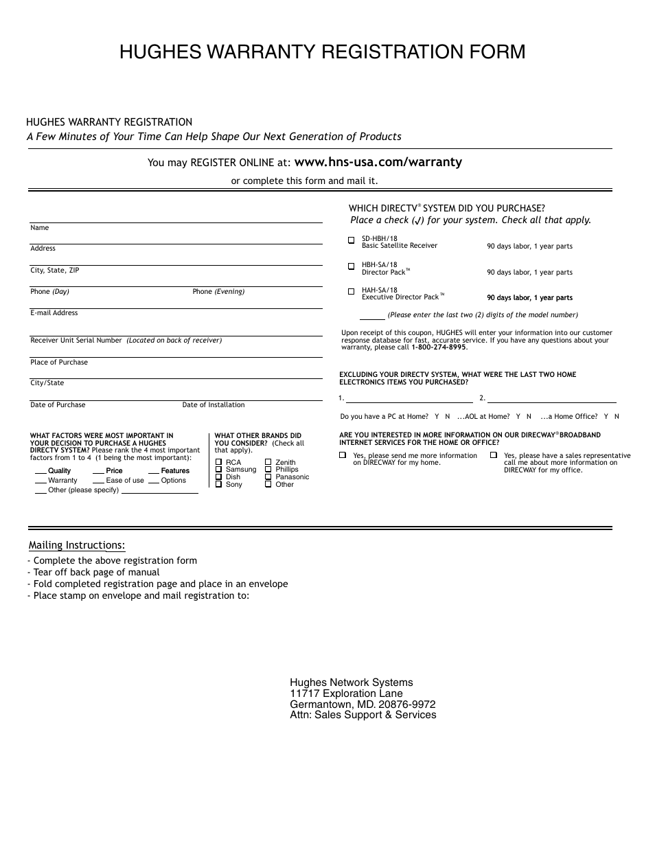 Hughes warranty registration form, Mailing instructions | DirecTV HAH-SA User Manual | Page 56 / 56