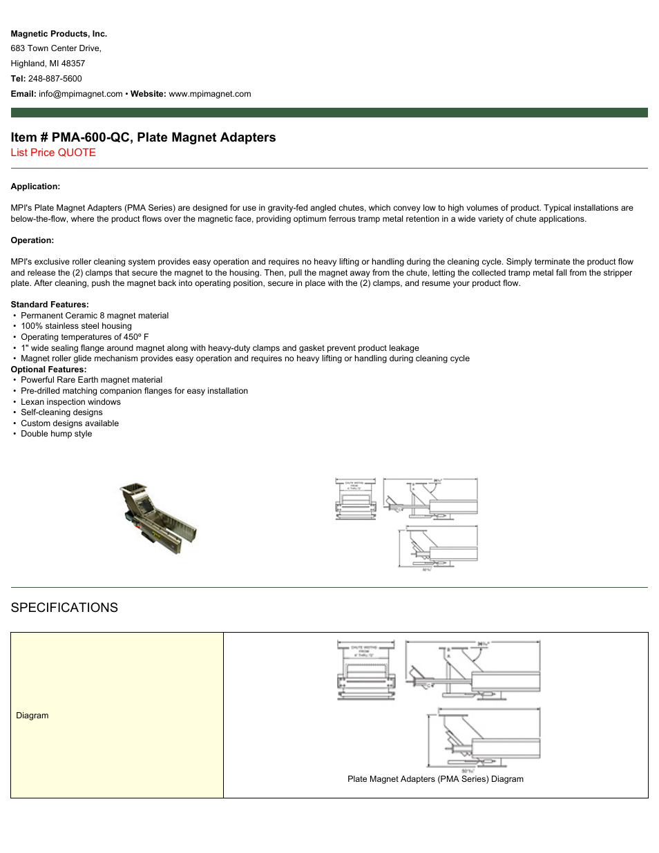 Magnetic Products PMA-600-QC User Manual | 2 pages