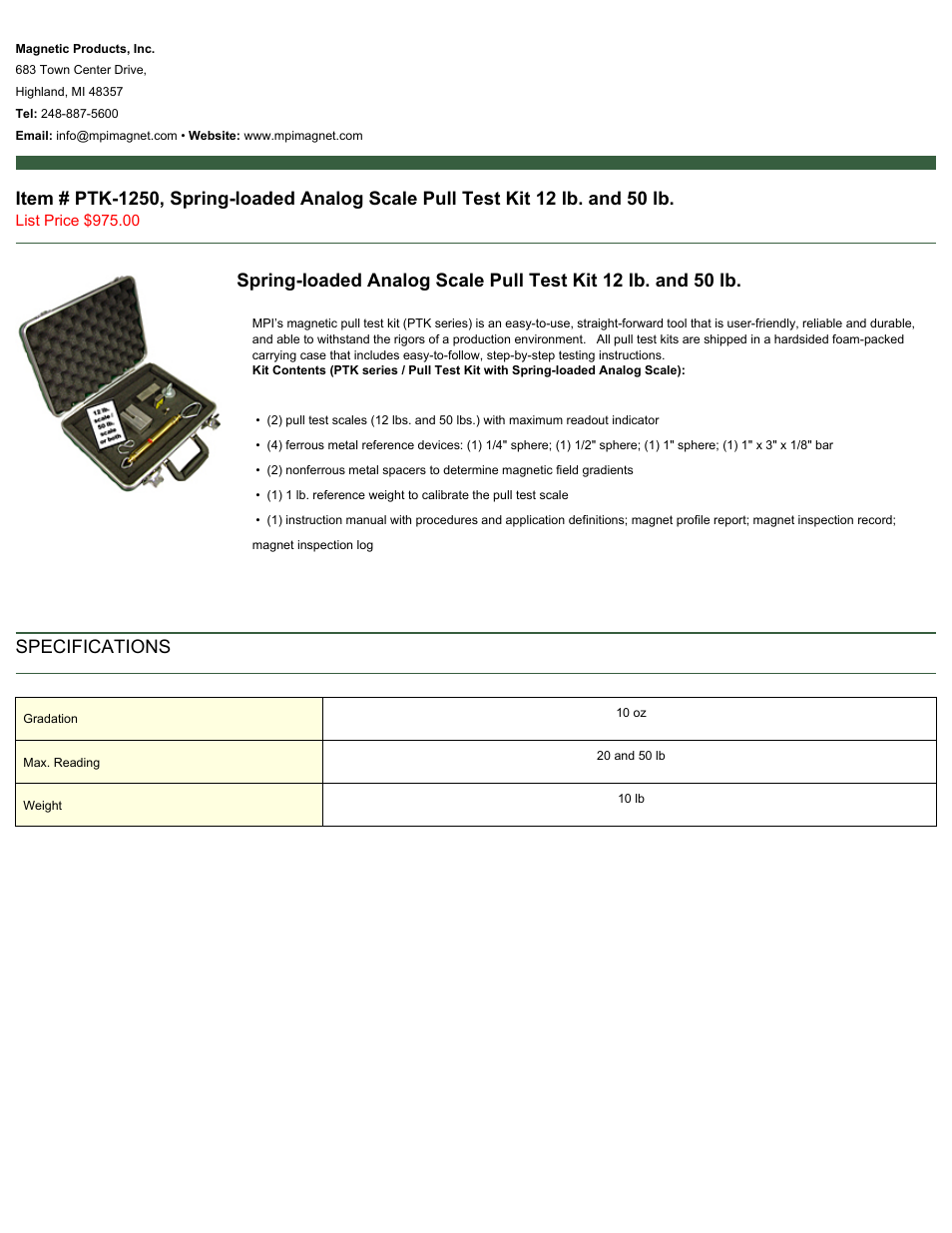 Magnetic Products PTK-1250 User Manual | 1 page