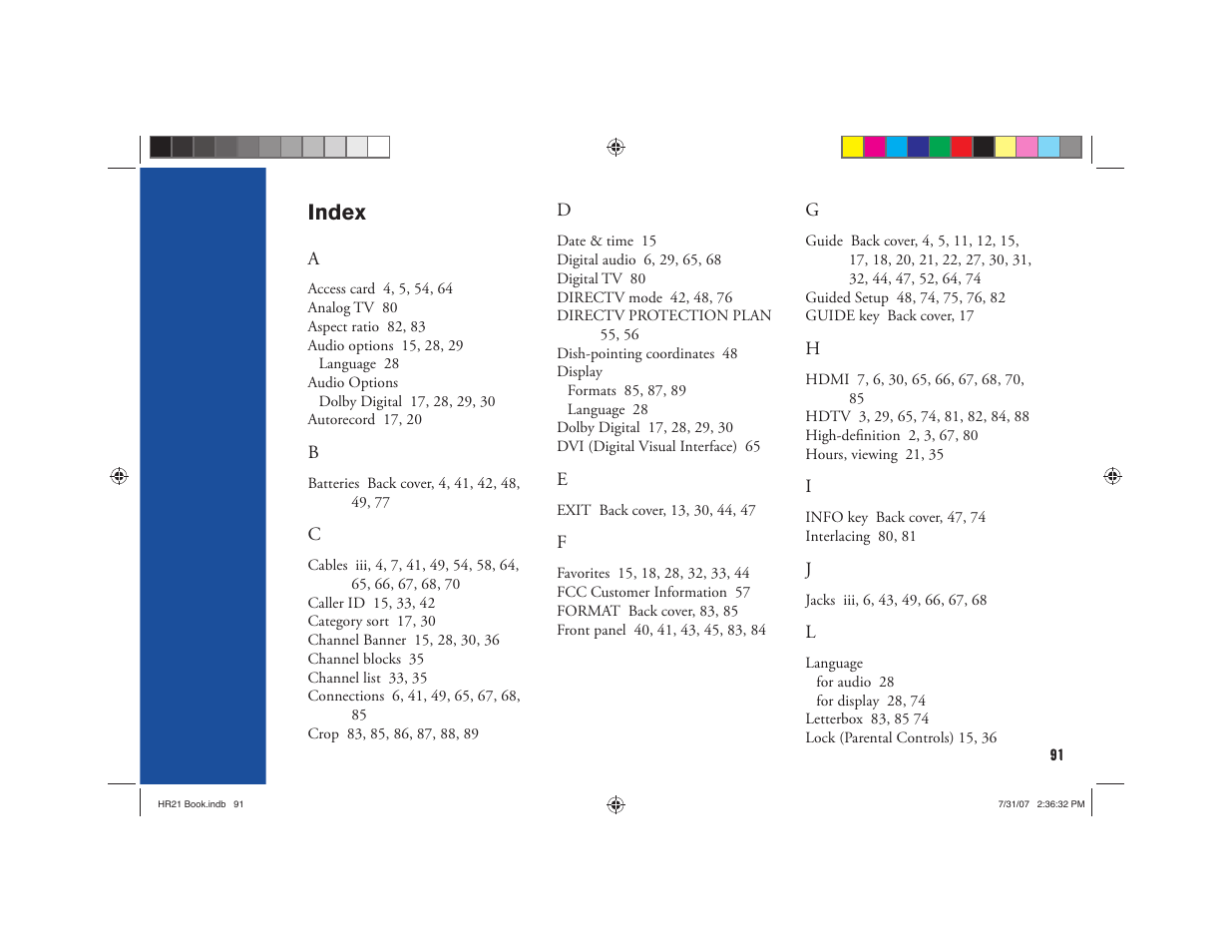 Index | DirecTV HD DVR User Manual | Page 102 / 108