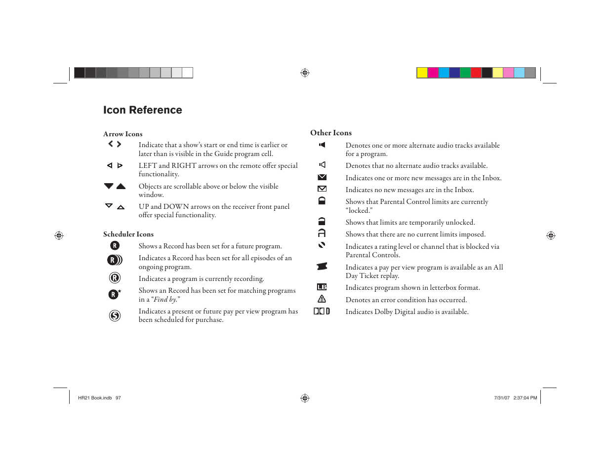 Hr21 inside back web.pdf, Icon reference | DirecTV HD DVR User Manual | Page 108 / 108