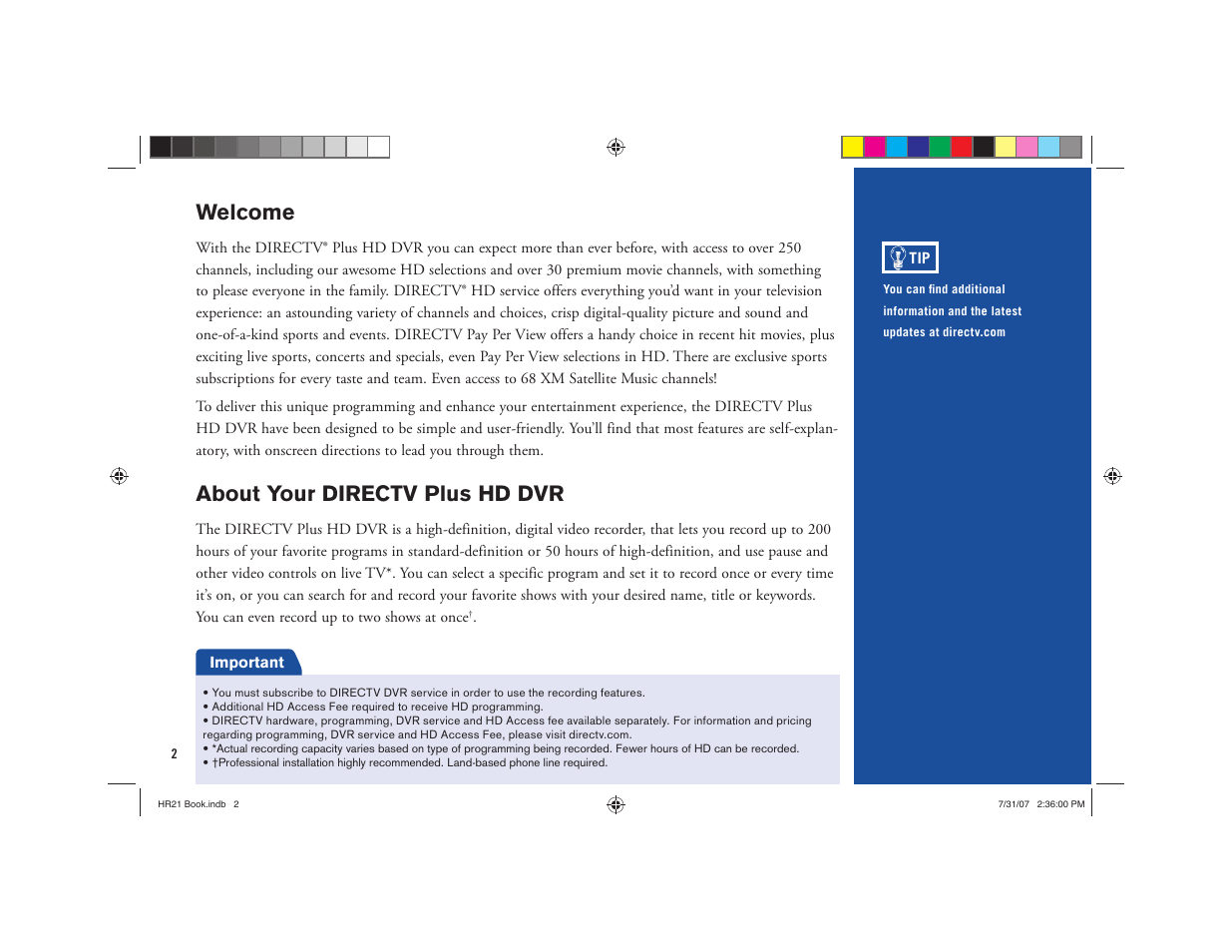 Welcome, About your directv plus hd dvr | DirecTV HD DVR User Manual | Page 13 / 108