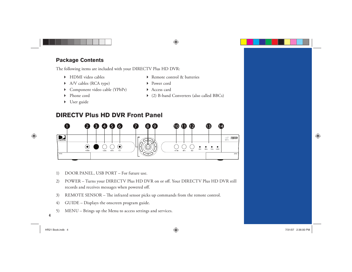 Directv plus hd dvr front panel | DirecTV HD DVR User Manual | Page 15 / 108