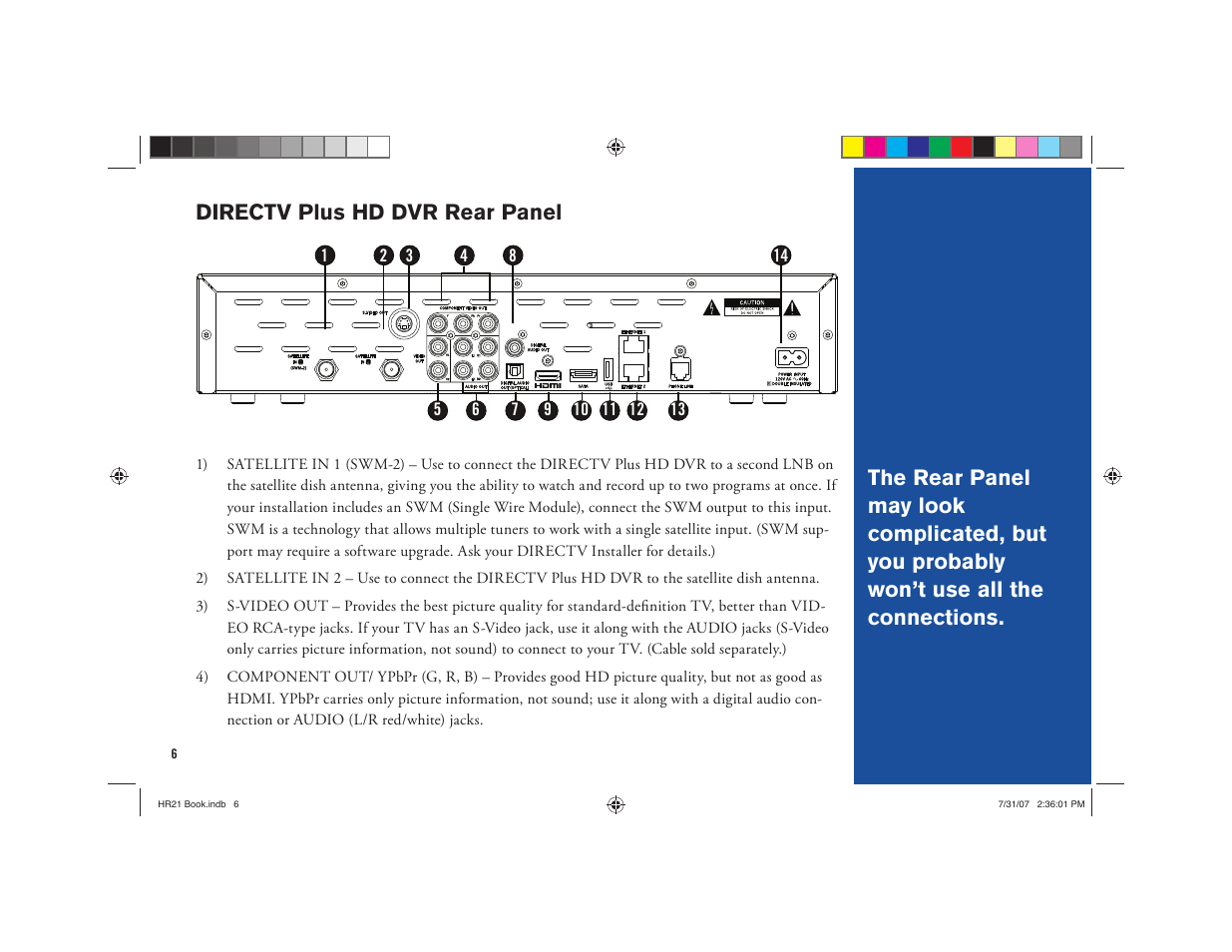 Directv plus hd dvr rear panel | DirecTV HD DVR User Manual | Page 17 / 108