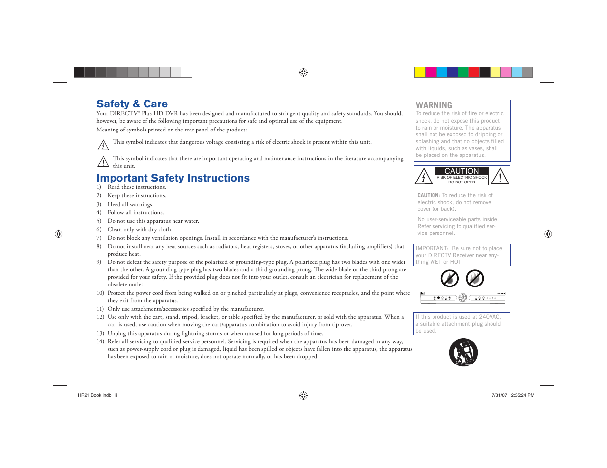 Hr21 inside front web.pdf, Safety & care, Important safety instructions | Warning | DirecTV HD DVR User Manual | Page 3 / 108