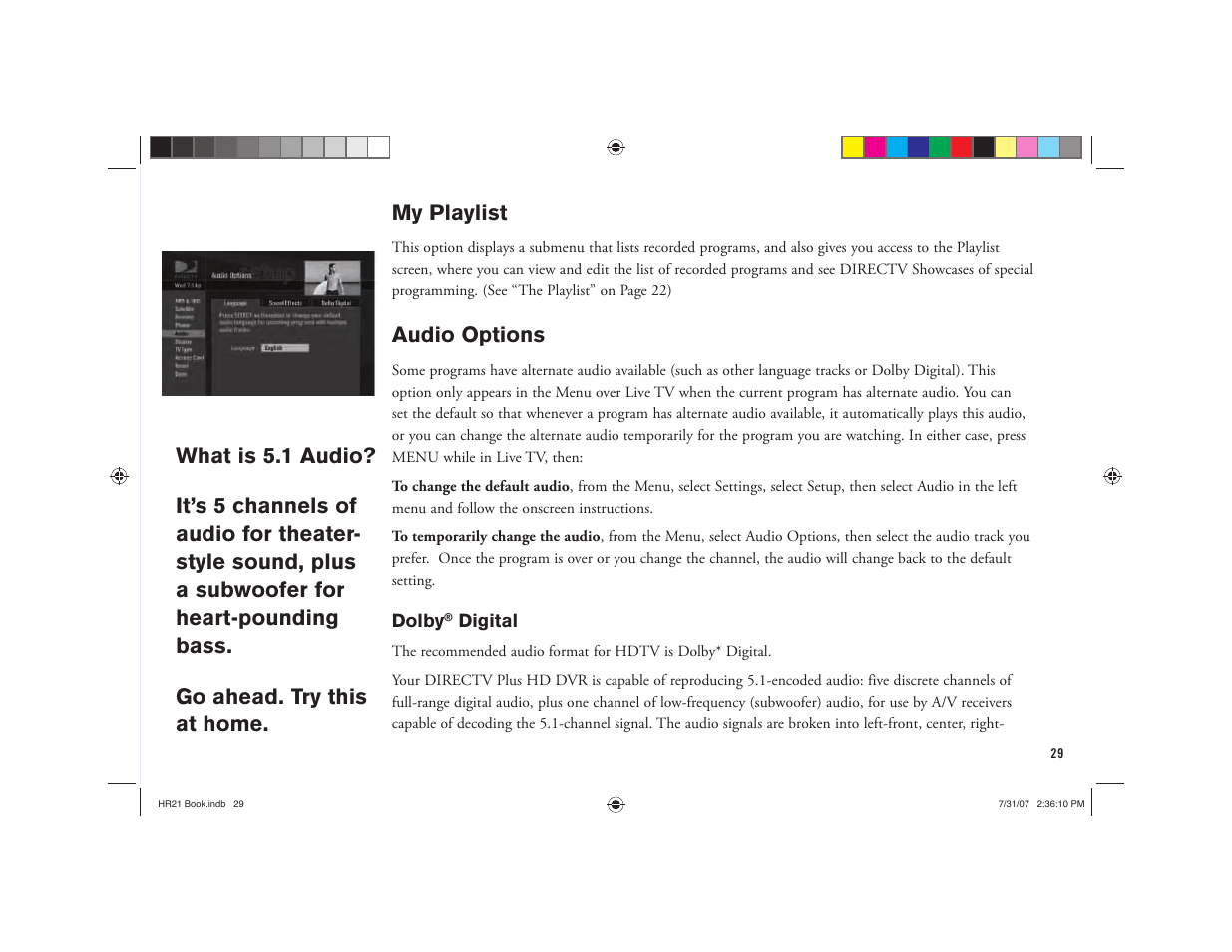 My playlist, Audio options | DirecTV HD DVR User Manual | Page 40 / 108