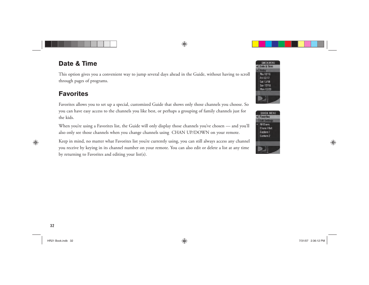 Date & time, Favorites | DirecTV HD DVR User Manual | Page 43 / 108