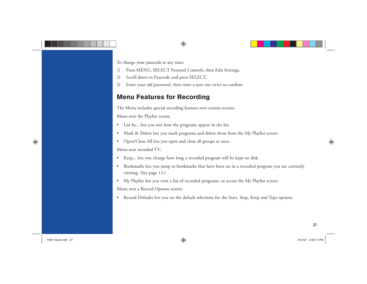 Menu features for recording | DirecTV HD DVR User Manual | Page 48 / 108