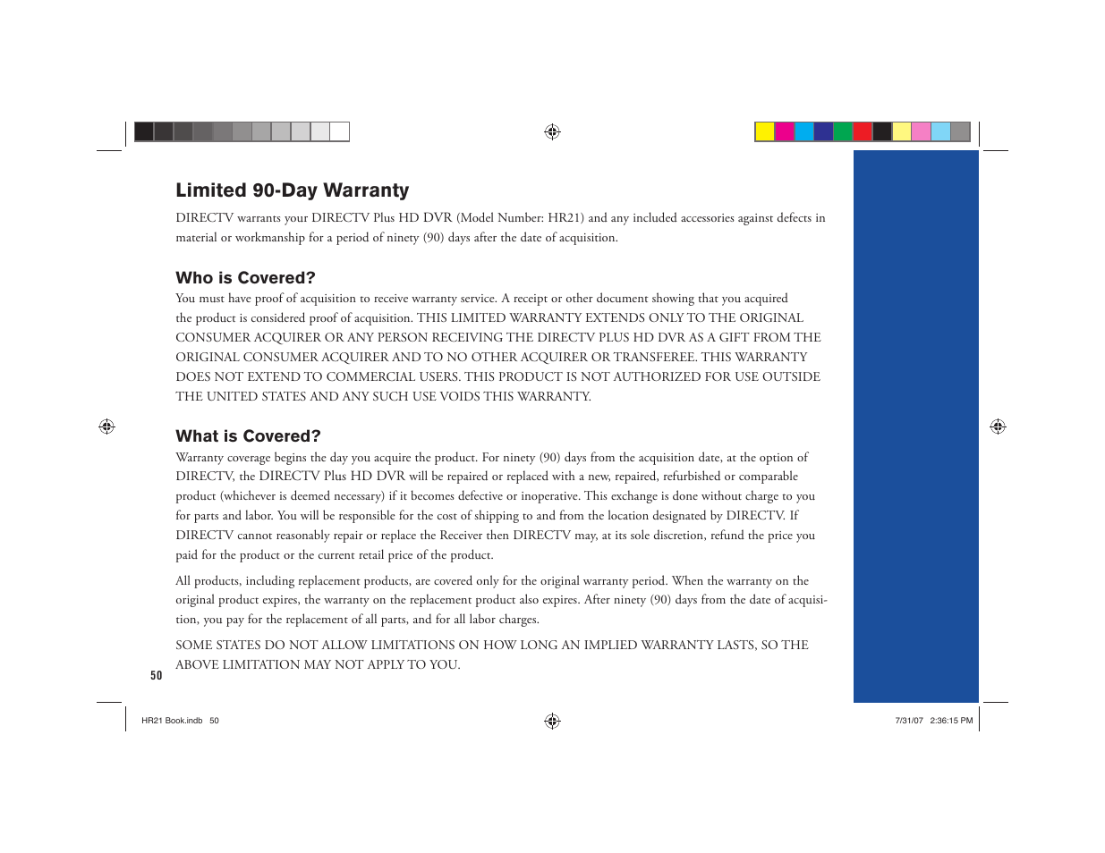 Limited 90-day warranty | DirecTV HD DVR User Manual | Page 61 / 108