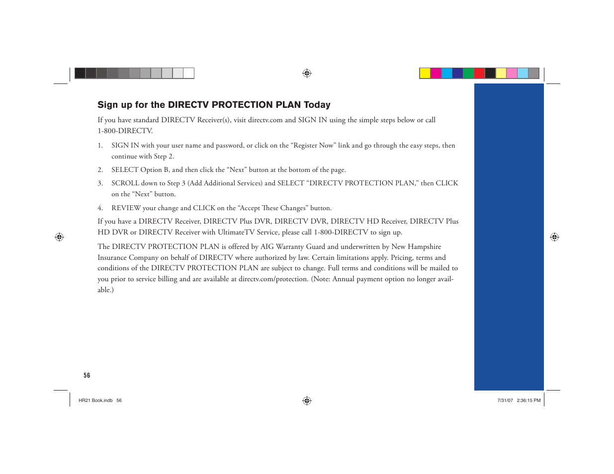 Sign up for the directv protection plan today | DirecTV HD DVR User Manual | Page 67 / 108