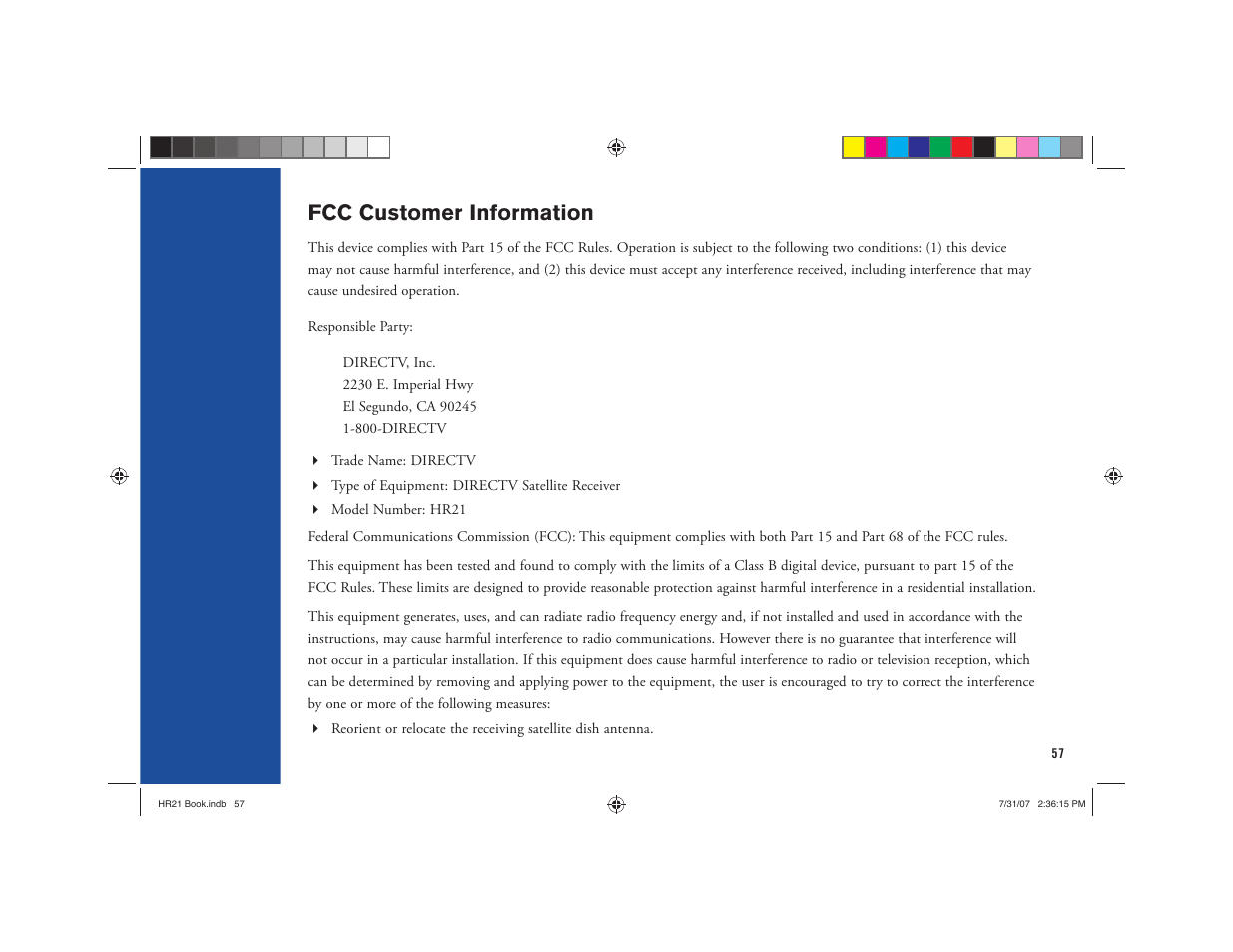 Fcc customer information | DirecTV HD DVR User Manual | Page 68 / 108