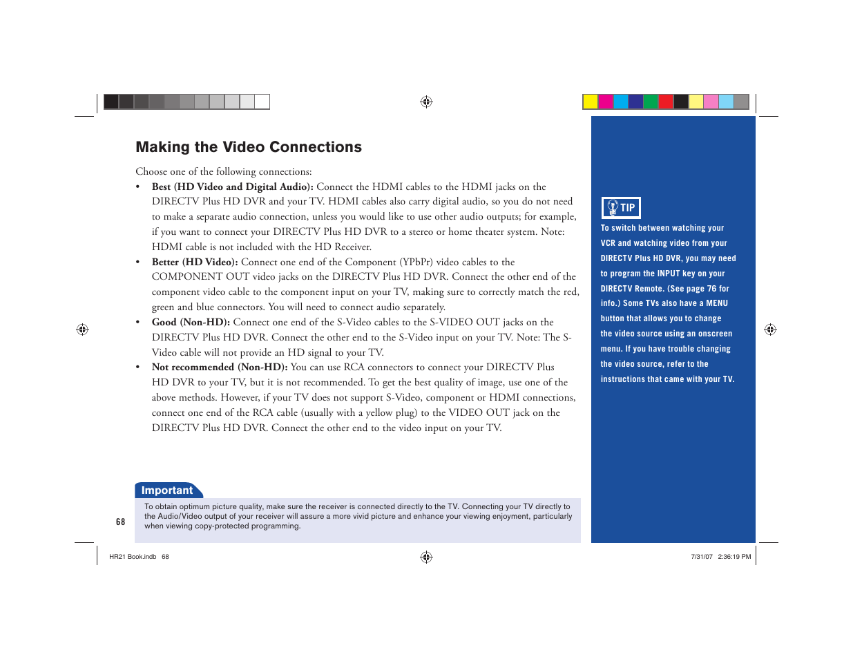 Making the video connections | DirecTV HD DVR User Manual | Page 79 / 108