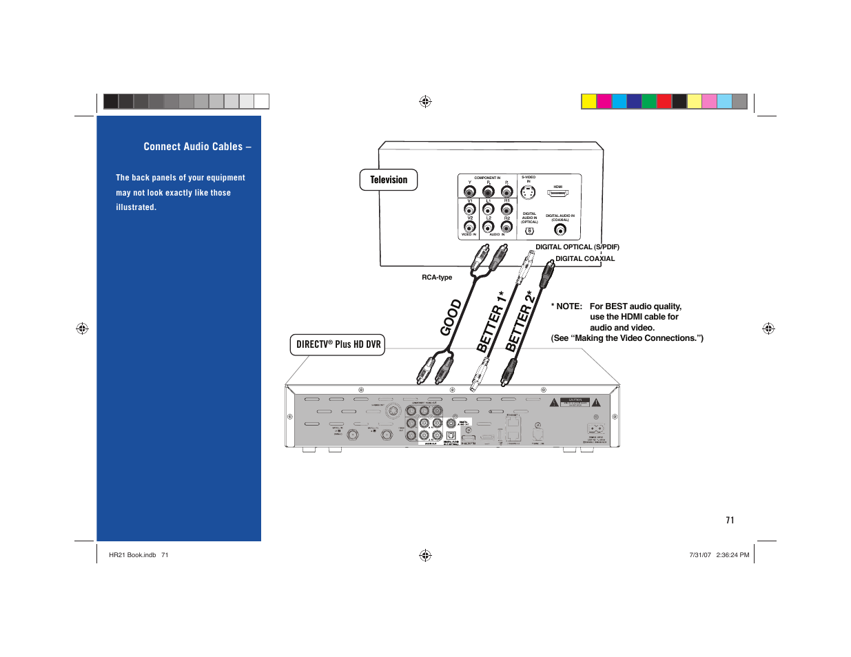 Good, Better 2* better 1, Connect audio cables | DirecTV HD DVR User Manual | Page 82 / 108