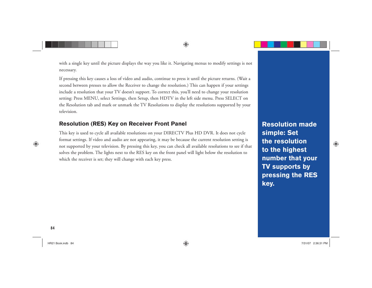 Resolution (res) key on receiver front panel | DirecTV HD DVR User Manual | Page 95 / 108