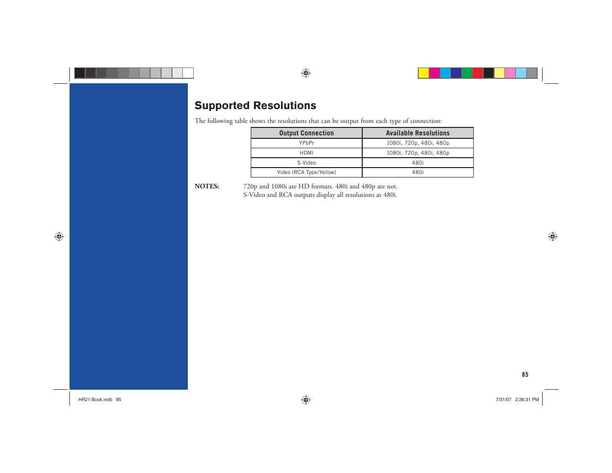 Supported resolutions | DirecTV HD DVR User Manual | Page 96 / 108