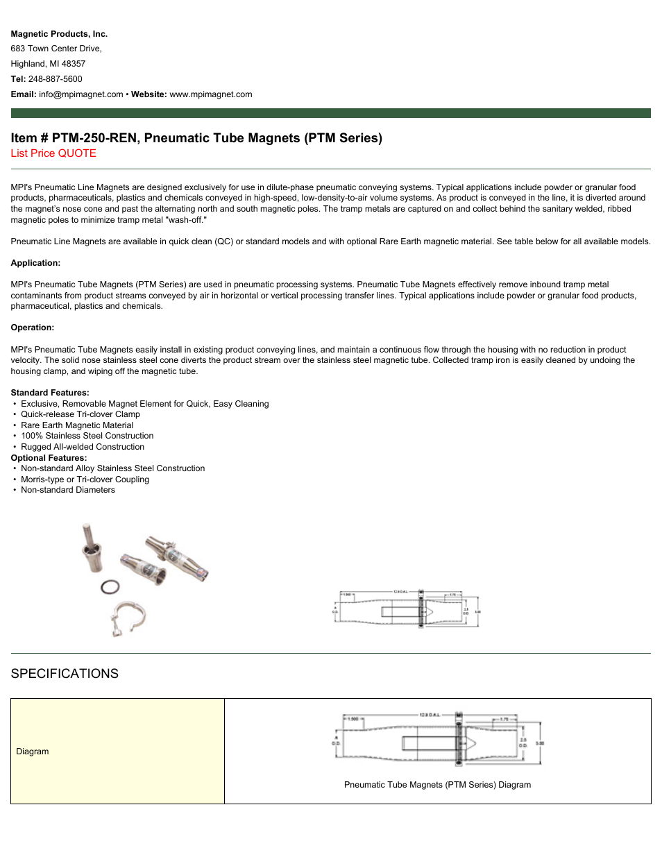Magnetic Products PTM-250-REN User Manual | 2 pages