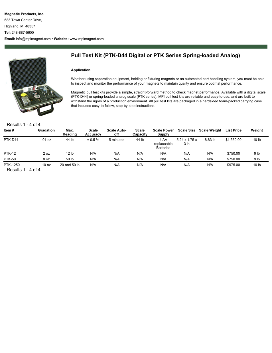 Magnetic Products Pull Test Kit User Manual | 1 page