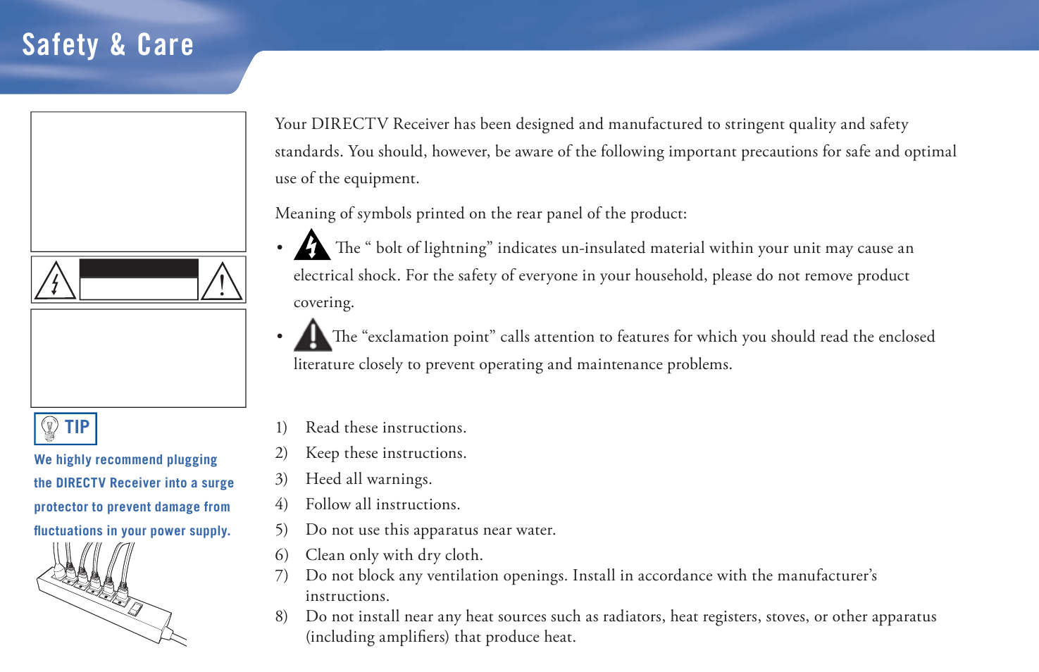 Safety & care, Warning, Important safety instructions | DirecTV D11 User Manual | Page 2 / 84