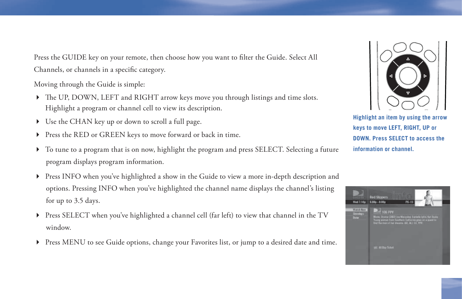 Getting around in the guide | DirecTV D11 User Manual | Page 37 / 84