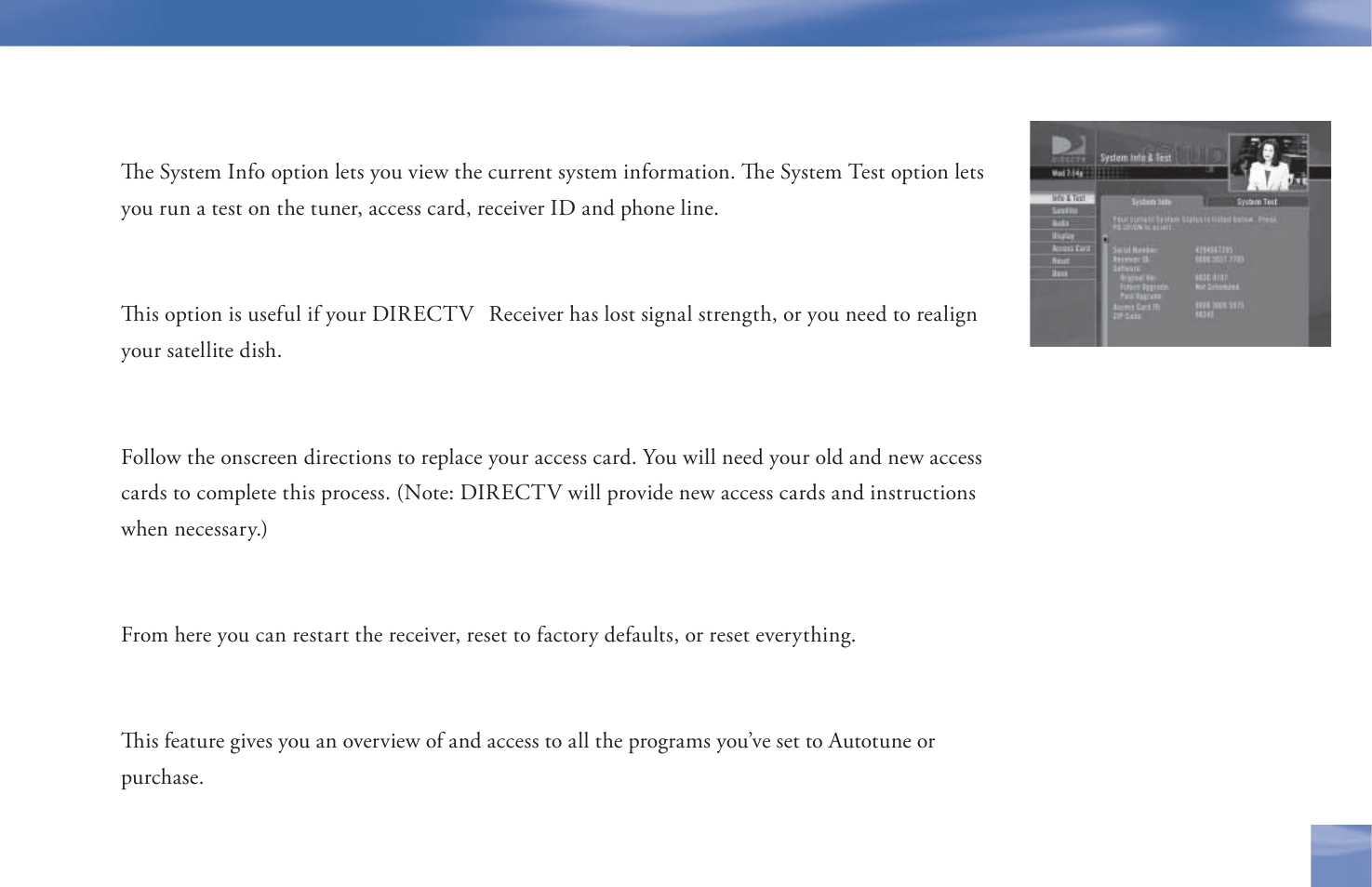 Info & test, Satellite, Access card | Reset, Scheduler | DirecTV D11 User Manual | Page 43 / 84