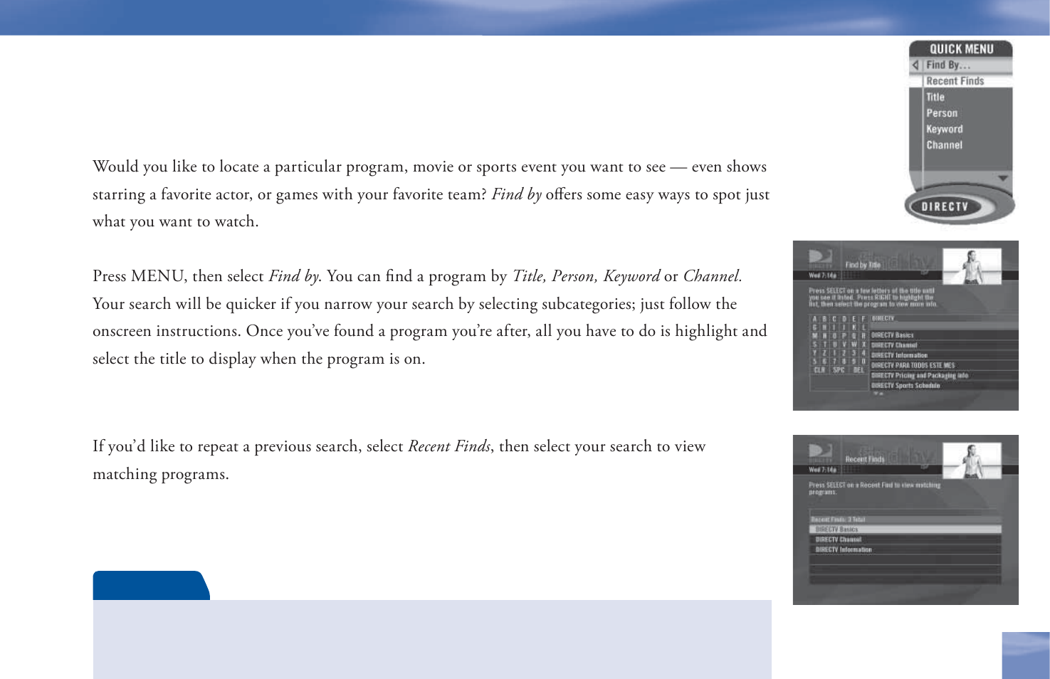 Find by, Recent finds | DirecTV D11 User Manual | Page 47 / 84