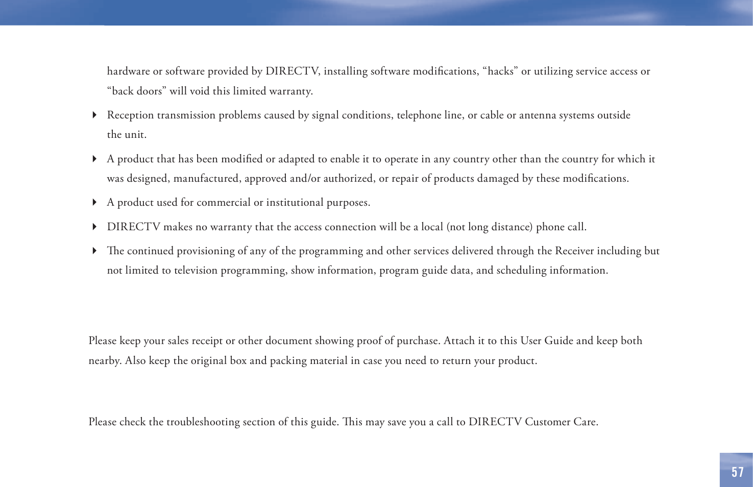 Make sure you keep, Before requesting repair service | DirecTV D11 User Manual | Page 67 / 84