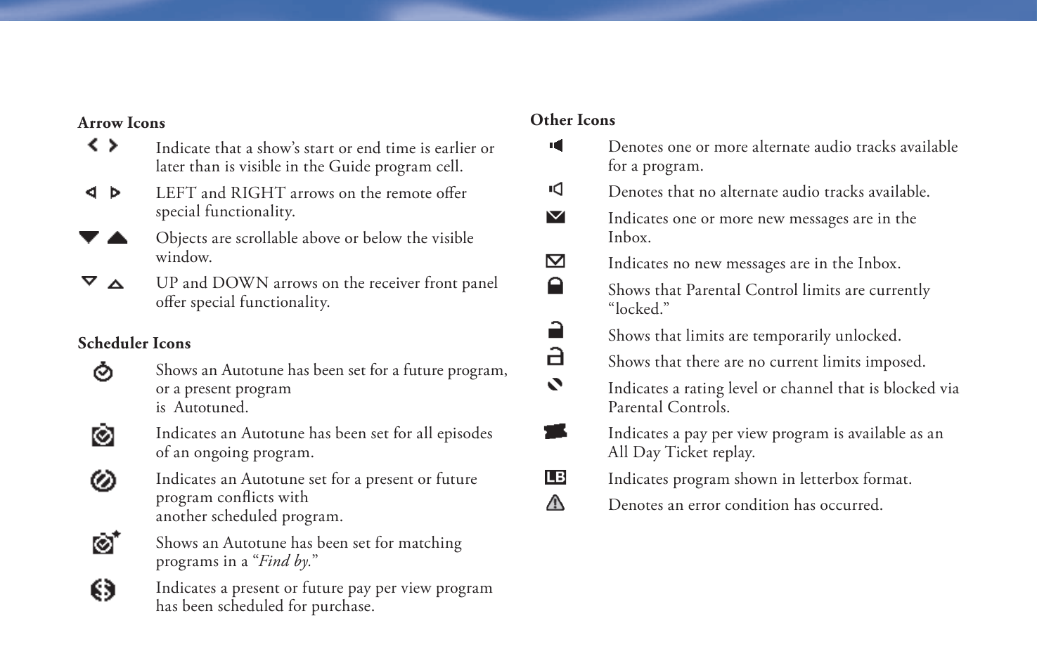 Icon reference | DirecTV D11 User Manual | Page 83 / 84