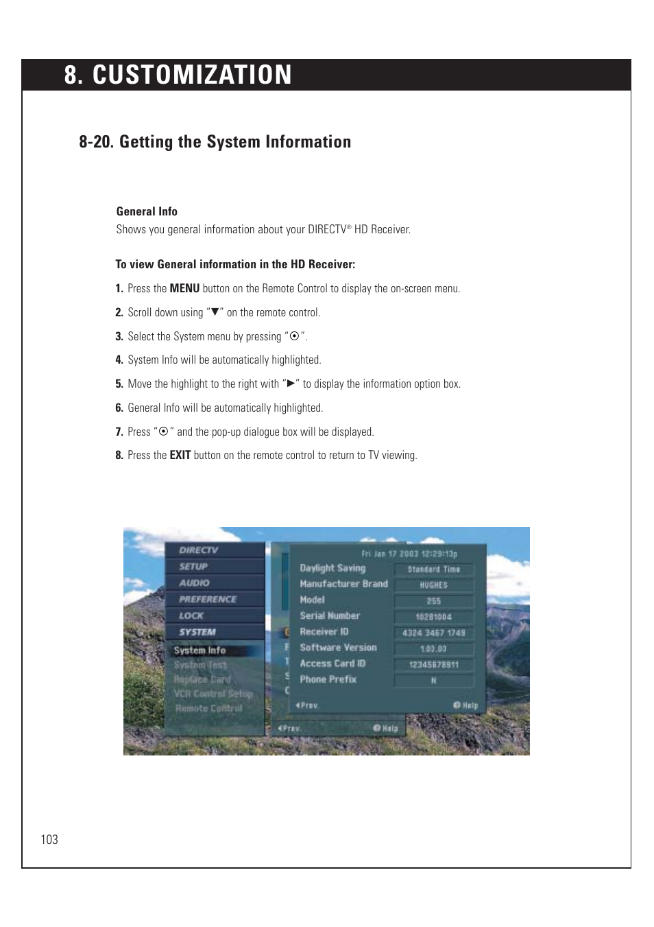 Customization, 20. getting the system information | DirecTV HUGHES/ HTL-HD User Manual | Page 104 / 121