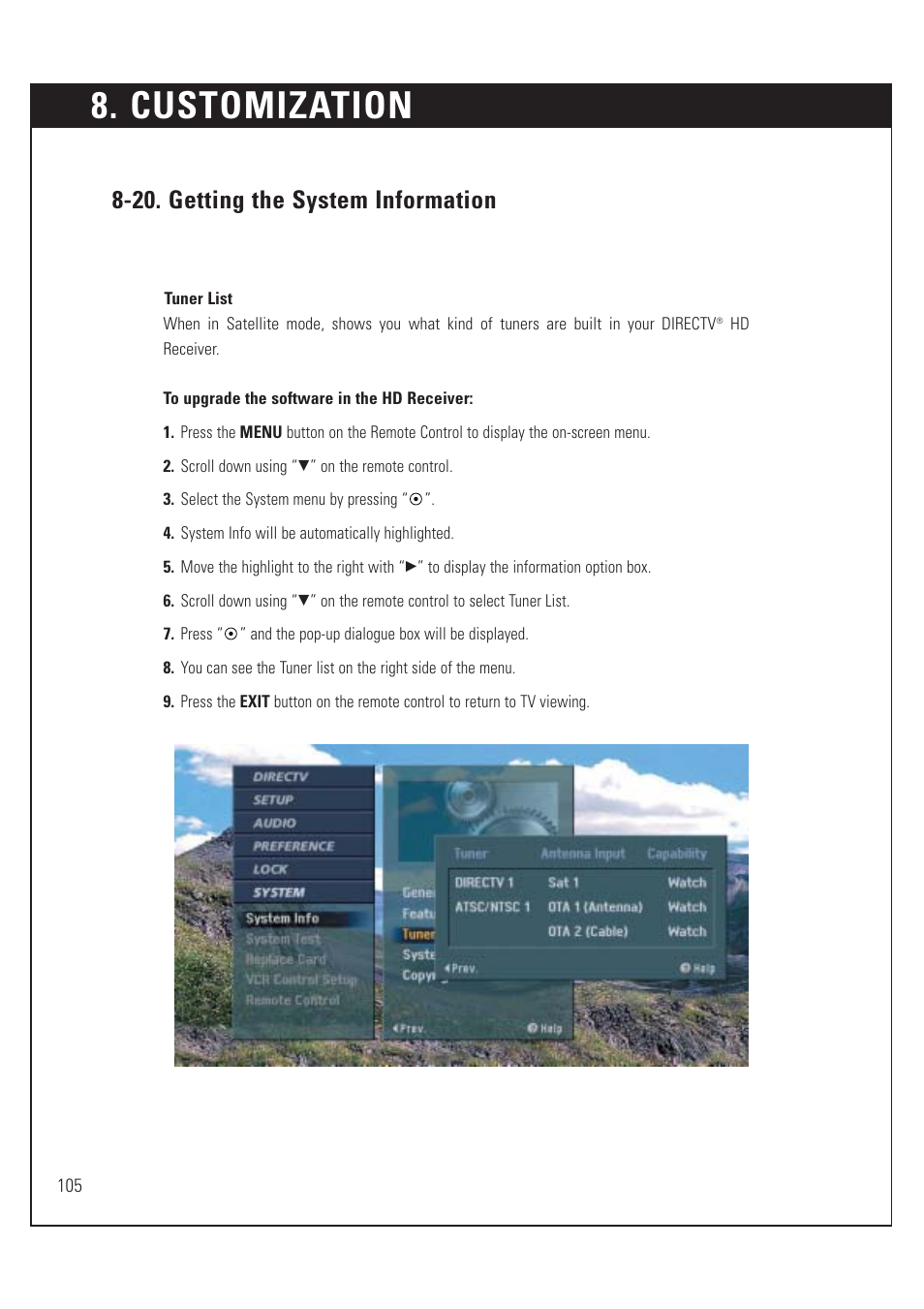 Customization, 20. getting the system information | DirecTV HUGHES/ HTL-HD User Manual | Page 106 / 121
