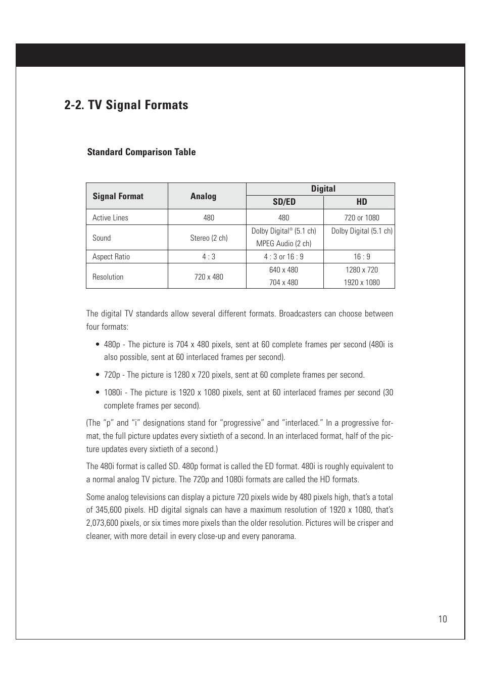 2. tv signal formats | DirecTV HUGHES/ HTL-HD User Manual | Page 11 / 121