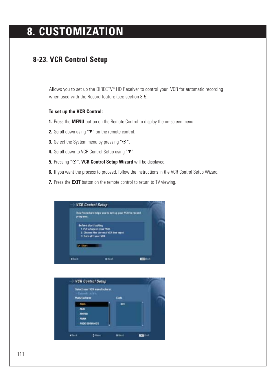 Customization, 23. vcr control setup | DirecTV HUGHES/ HTL-HD User Manual | Page 112 / 121