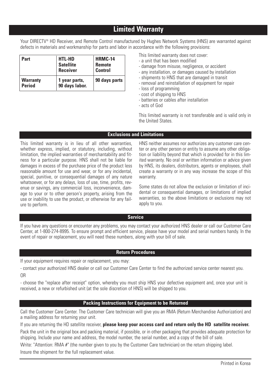 Limited warranty | DirecTV HUGHES/ HTL-HD User Manual | Page 121 / 121