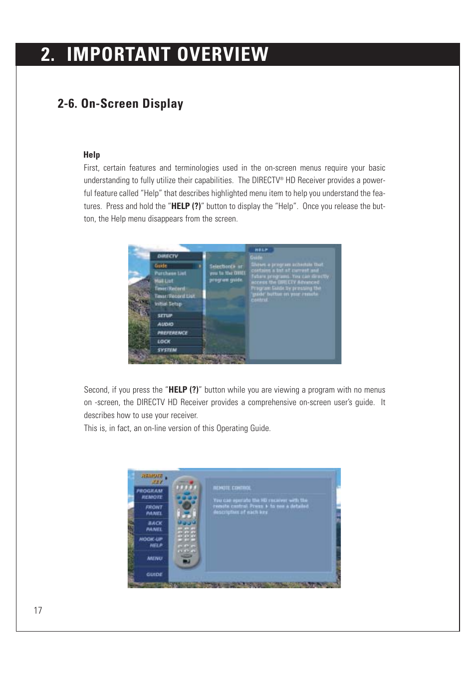 Important overview, 6. on-screen display | DirecTV HUGHES/ HTL-HD User Manual | Page 18 / 121