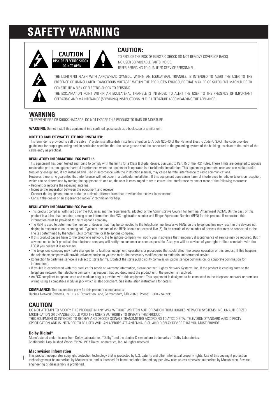 Safety warning, Warning, Caution | DirecTV HUGHES/ HTL-HD User Manual | Page 2 / 121