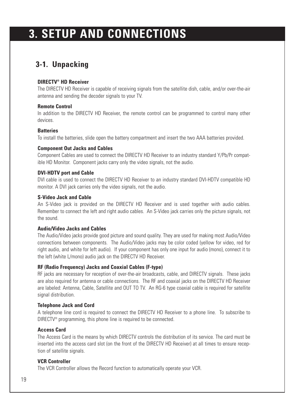 Setup and connections, 1. unpacking | DirecTV HUGHES/ HTL-HD User Manual | Page 20 / 121