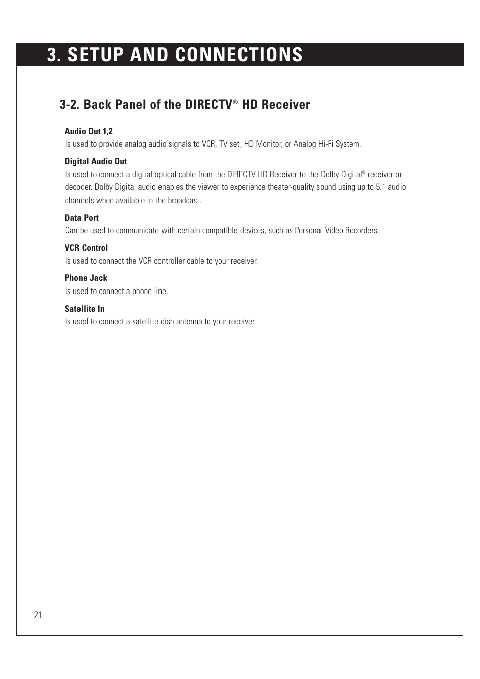 Setup and connections, 2. back panel of the directv, Hd receiver | DirecTV HUGHES/ HTL-HD User Manual | Page 22 / 121