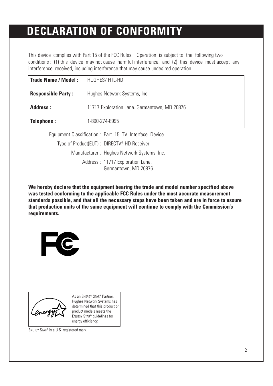 Declaration of conformity | DirecTV HUGHES/ HTL-HD User Manual | Page 3 / 121