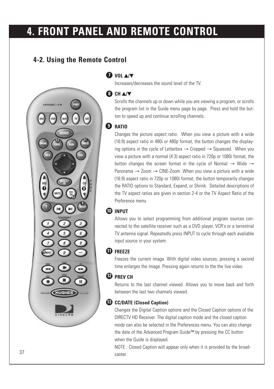 Front panel and remote control, 2. using the remote control | DirecTV HUGHES/ HTL-HD User Manual | Page 38 / 121