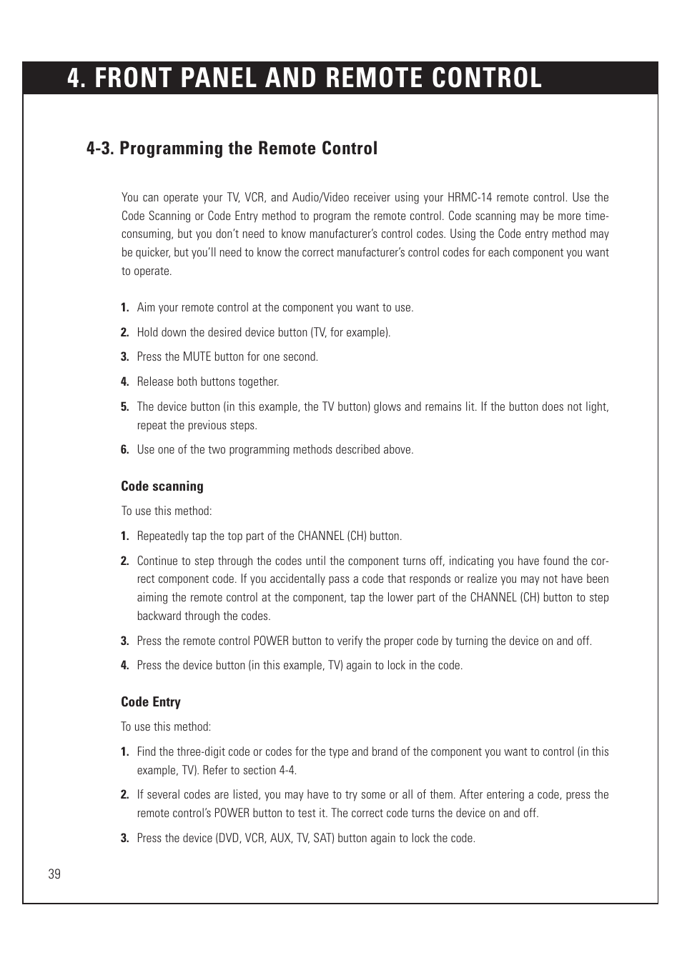 Front panel and remote control, 3. programming the remote control | DirecTV HUGHES/ HTL-HD User Manual | Page 40 / 121