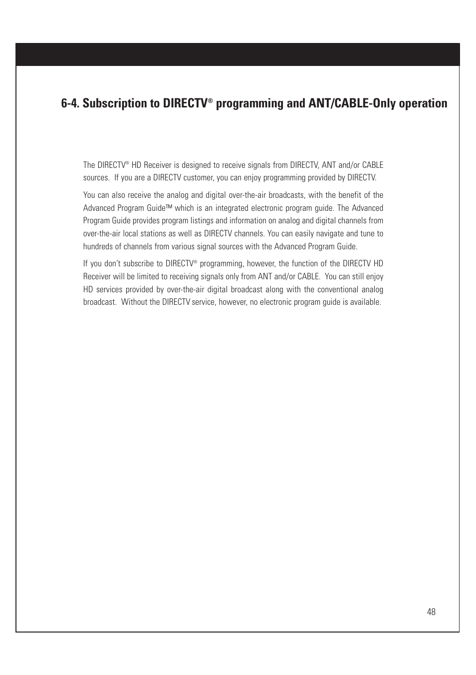 4. subscription to directv, Programming and ant/cable-only operation | DirecTV HUGHES/ HTL-HD User Manual | Page 49 / 121