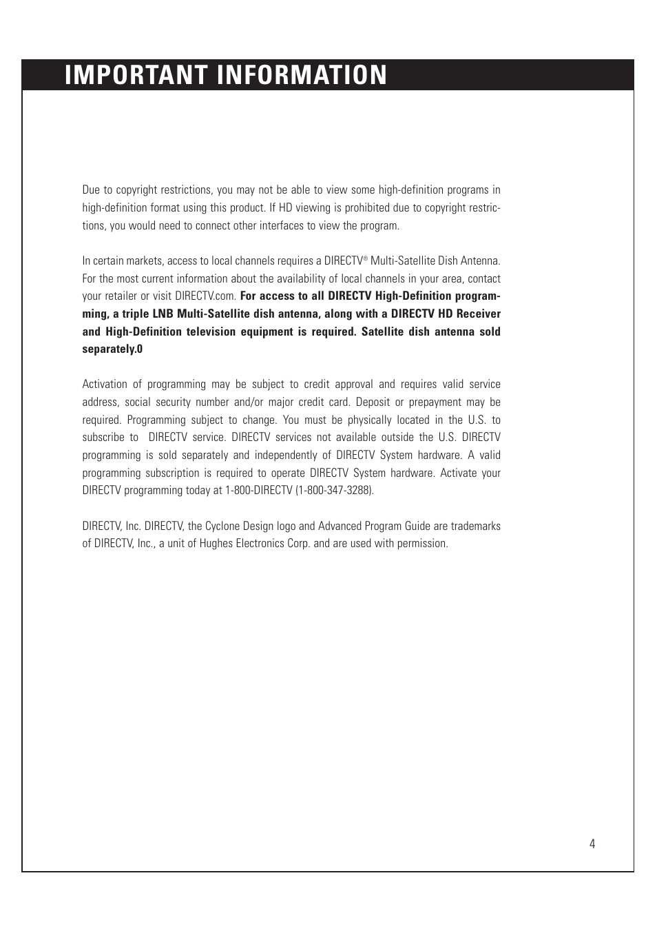 Important information | DirecTV HUGHES/ HTL-HD User Manual | Page 5 / 121