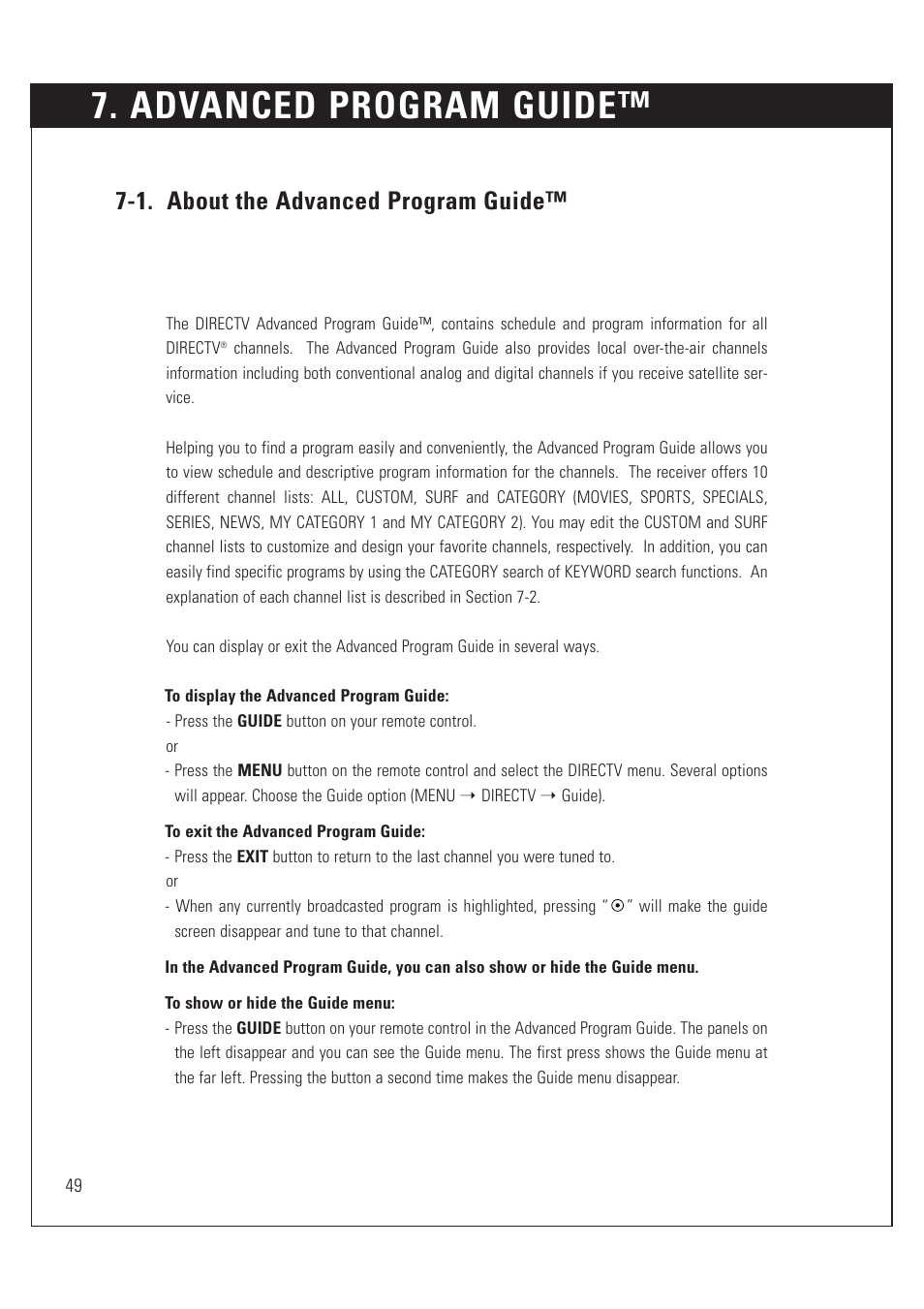 Advanced program guide, 1. about the advanced program guide | DirecTV HUGHES/ HTL-HD User Manual | Page 50 / 121